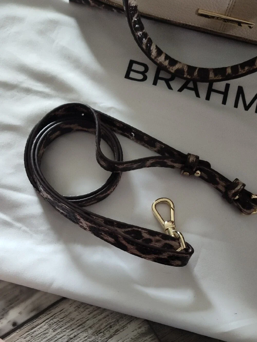 Brahmin Cream Leather Satchel with Leopard Trim and Gold Hardware